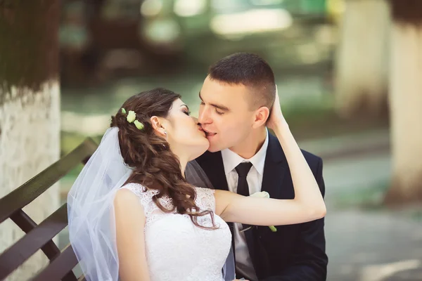 Sposo e sposo in abiti luminosi sulla panchina — Foto Stock