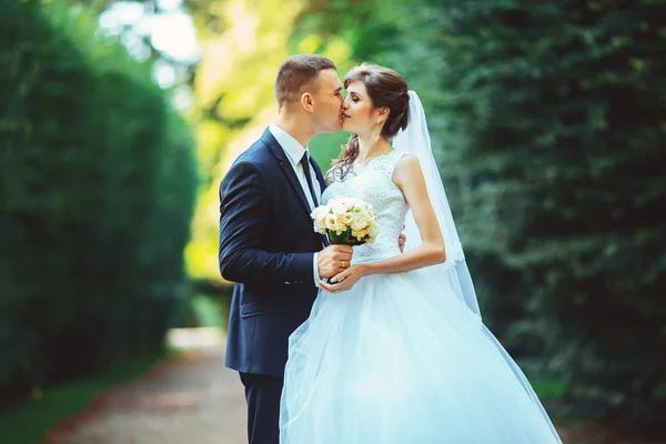 Fiatal pár csók az esküvői ruha. menyasszony gazdaság csokor virág — Stock Fotó