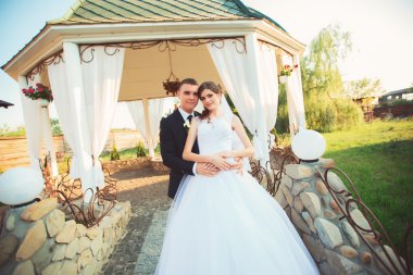 Düğün gününde gelin ve damat bahar doğasında dışarıda yürüyor. Gelin çifti, Yeşil Park 'ta kucaklaşan mutlu yeni evli kadın ve erkek. Dışarıda sevgili bir çift var. Gelin ve damat