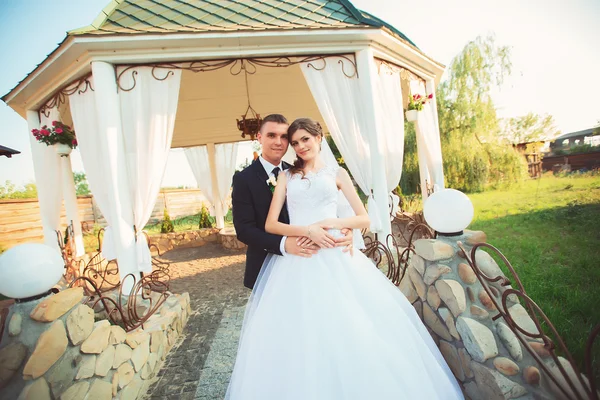 Noiva e noivo no dia do casamento andando ao ar livre na natureza de primavera. Casal nupcial, mulher recém-casada feliz e homem abraçando no parque verde. Casal de amor ao ar livre. Noiva e noivo — Fotografia de Stock