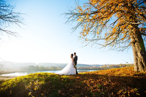 Happy stilig brudgummen och beautifyl brud kramas på balkongen på sunset närbild — Stockfoto