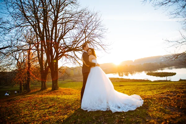 Bruidspaar in een bos in de bergen bij zonsondergang — Stockfoto