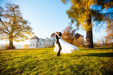 lüks şık genç gelin ve damat üzerinde arka plan bahar güneşli yeşil orman