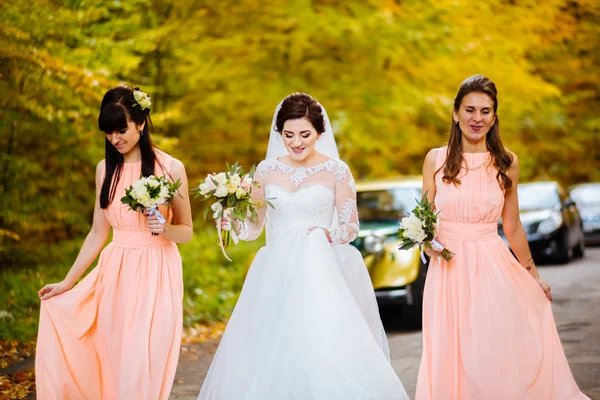 Elegante joven novia rubia sonriente con sus damas de honor en vestido azul de verano en el parque en su feliz día de la boda — Foto de Stock