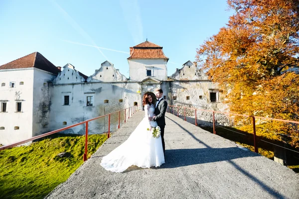 Glücklich schöner Bräutigam und schöne Braut umarmen sich auf dem Balkon bei Sonnenuntergang Nahaufnahme — Stockfoto