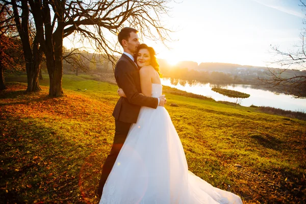 Happy bride and handsome brunette beautiful bride in a white dress, embrace under the arc — Stock Photo, Image