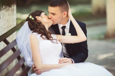 Zarif elbise ve yakışıklı Damat Düğün günü açık havada bankta sarılma güzel, mavi elbiseli çekici esmer gelin. Yeni evli kadın ve yeşil park kucaklayan adam. Sevgi dolu evlilik çift