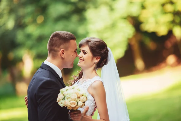 Hermosa pareja de boda. La novia y el novio en el día de la boda caminando al aire libre en la naturaleza de primavera. Pareja nupcial Recién casada feliz mujer y hombre abrazando un parque verde . — Foto de Stock