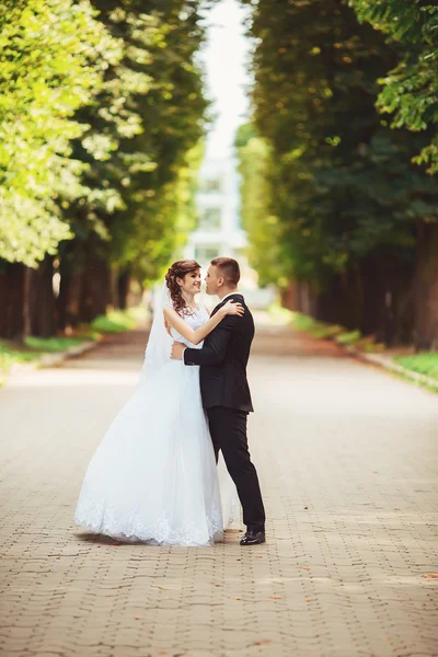 gelinlik içinde öpüşme genç bir çift. Gelin holding buket çiçek