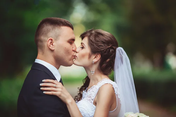 Hermosa pareja de boda. La novia y el novio en el día de la boda caminando al aire libre en la naturaleza de primavera. Pareja nupcial Recién casada feliz mujer y hombre abrazando un parque verde . — Foto de Stock