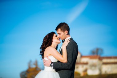 lüks şık genç gelin ve damat üzerinde arka plan bahar güneşli yeşil orman