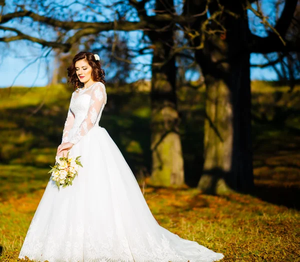 Bruid op de weide draaide in een trouwjurk — Stockfoto