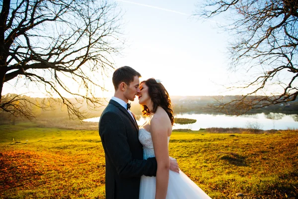 Feliz sonriente recién casados caminando al aire libre, besándose y abrazándose en el día de su boda —  Fotos de Stock