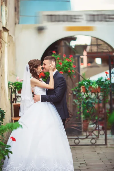 Magnifique couple de mariage bénéficie d'une journée ensoleillée dans la vieille ville avec — Photo