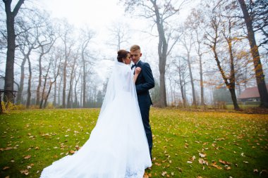 Gelin ve damat gün açık havada bahar doğada yürüyüş düğününde