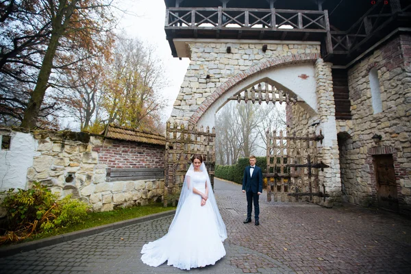 Nevěsty a ženicha na svatební den venku. Novomanželé muž a žena — Stock fotografie