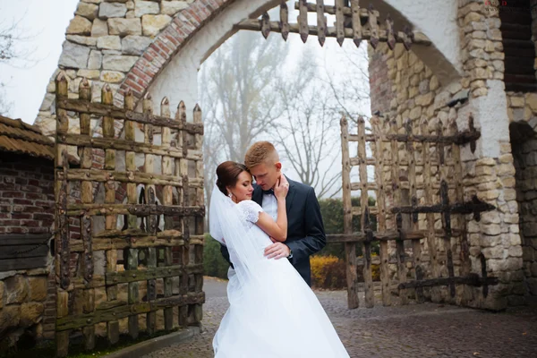 Yakışıklı romantik damat ve güzel esmer gelin yakınındaki poz — Stok fotoğraf