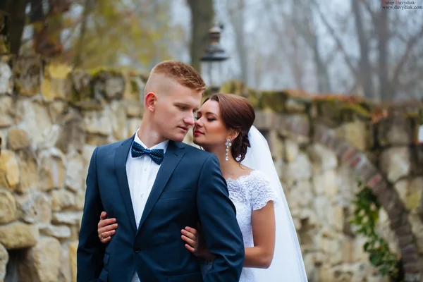 Noiva e noivo no dia do casamento ao ar livre. Homens e mulheres recém-casados — Fotografia de Stock