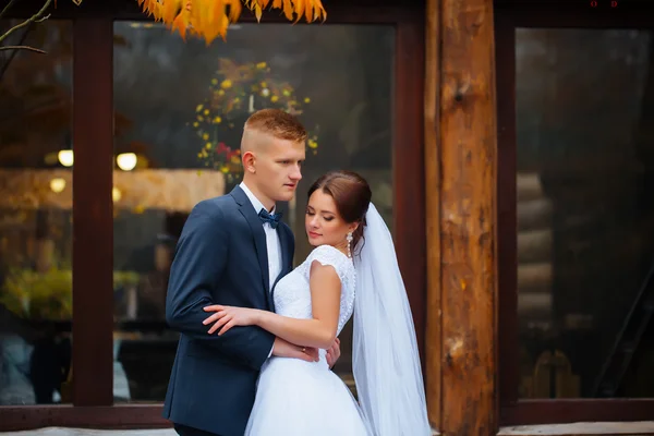 Belo casal nupcial se divertindo no parque em seu casamento — Fotografia de Stock