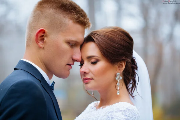 Casamento noiva e noivo beijando casal amoroso com buquê de rosas — Fotografia de Stock