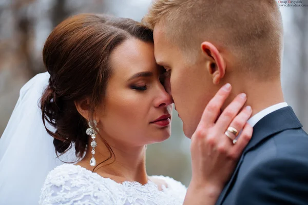 Boda hermosa pareja joven de pie en el bosque de fondo — Foto de Stock