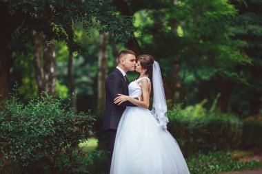 gelinlik içinde öpüşme genç bir çift. Gelin holding buket çiçek