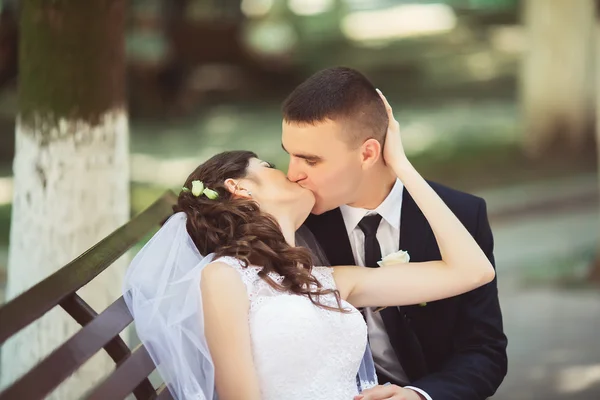 Vonzó barna menyasszony elegáns ruha és a vőlegény jóképű kék ruha esküvő napján szép, átölelve a padon a szabadban. Newlywed nő és férfi átfogó zöld parkban. Szerető esküvői pár — Stock Fotó