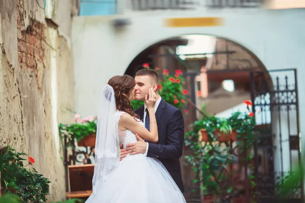 Gorgeous wedding couple enjoys a Sunny day in the old town with — Stock Photo, Image