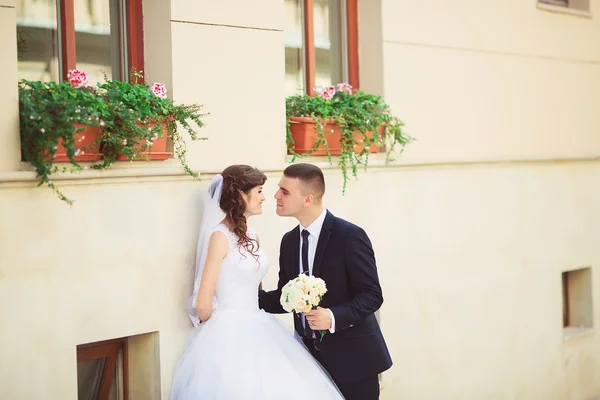 Wspaniały ślub para cieszy słoneczny dzień w starym mieście z architekturą — Zdjęcie stockowe