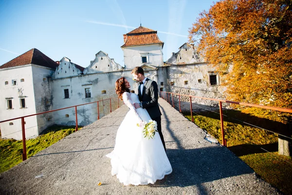 Vőlegény és a menyasszony a parkban. esküvői ruha. Esküvő menyasszonyi csokor virág — Stock Fotó