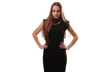 Ove poz bir siyah elbiseli bir genç güzel kadın resmi