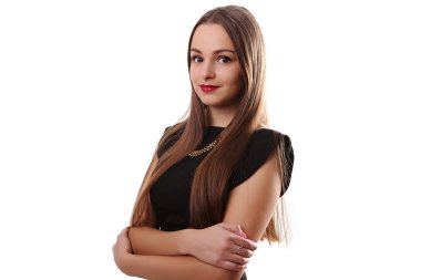 Uzun düz ile siyah elbiseli güzel duygusallık genç kız