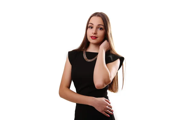 Beautiful Woman in Black Dress Isolated on White — Stock Photo, Image