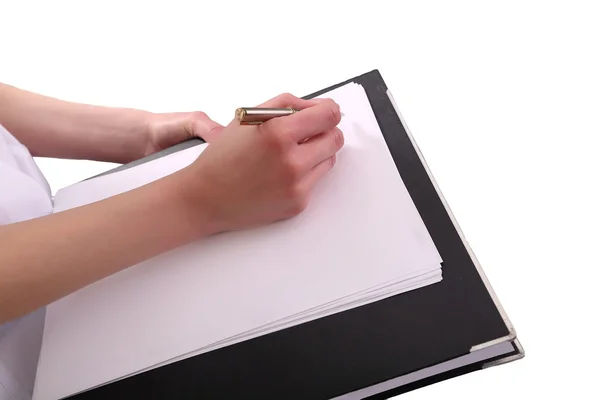 Close up of female doctor writing prescription paper — Stock Photo, Image