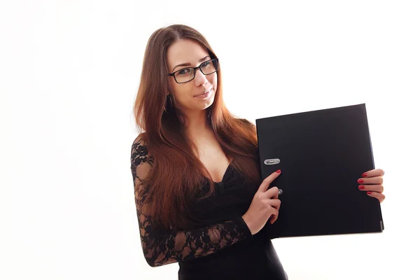 Retrato de mujer de negocios joven y feliz aislado en el fondo blanco — Foto de Stock