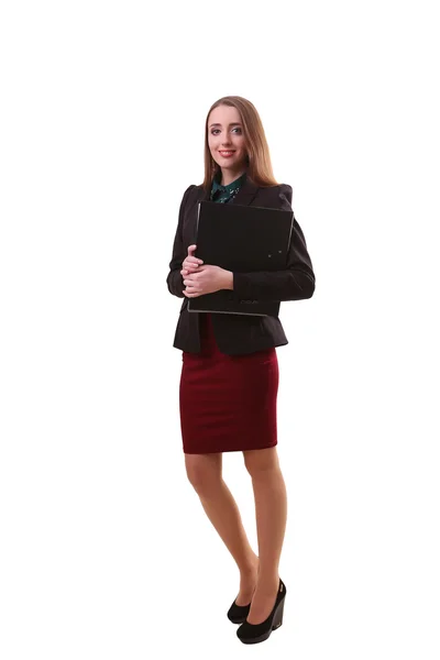 Portret van Glimlachende zakenvrouw met papier map, geïsoleerde o — Stockfoto