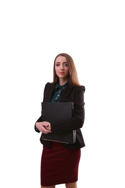 Portrait of smiling business woman with paper folder, isolated o — Stock Photo, Image