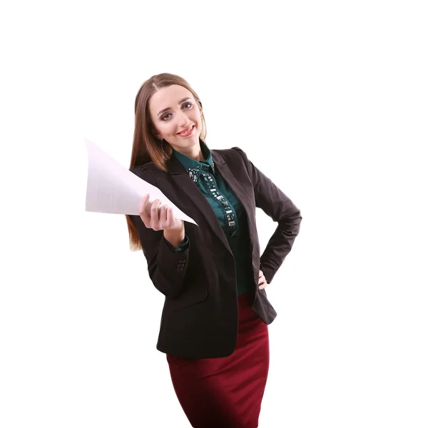 Πορτρέτο του χαμογελώντας γυναίκα των επιχειρήσεων με λευκά χαρτί, απομονωμένη σε — Φωτογραφία Αρχείου