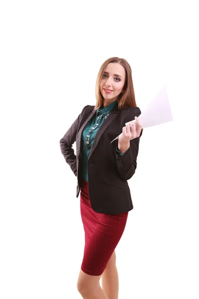 Retrato de mulher de negócios sorridente com papel em branco, isolado em — Fotografia de Stock