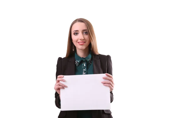 Business woman show board, banner with copy space.finger pointin — Stock Photo, Image