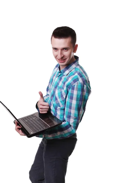 Biznesmen stojący postawy ręka trzymać laptopa notebooka na białym tle — Zdjęcie stockowe