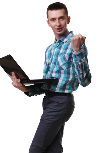 Man With Microphone Holding Laptop On White Background — Stock Photo, Image