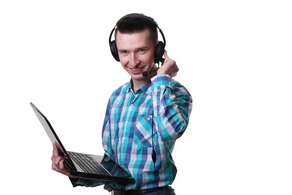 Young Man with Headset Holding Laptop - Call center man with hea — Stock Photo, Image