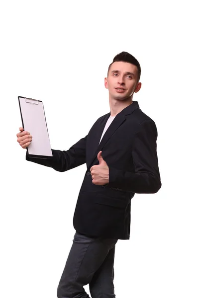 Portrait of happy delivery man gesturing thumbs up while showing — Stock Photo, Image