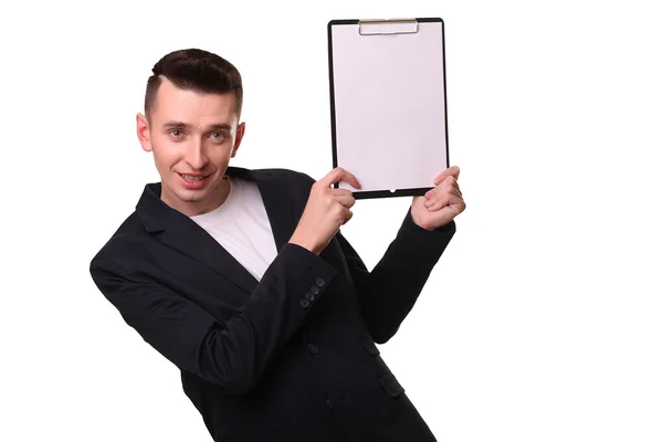 Matured male indicating down at whiteboard isolated over white — Stock Photo, Image