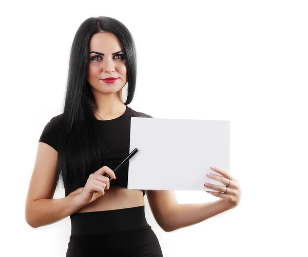 Femme d'affaires tenant une bannière - isolée sur un backgrou blanc — Photo