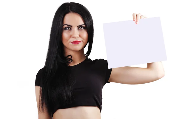 Mujer de negocios sosteniendo una pancarta aislada sobre un fondo blanco — Foto de Stock