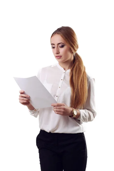 Portrait of smiling business woman with blank paper, isolated on — Stock Photo, Image