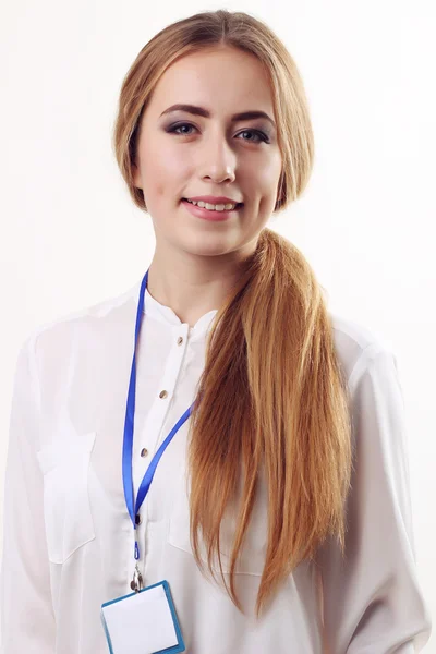 Mulher de negócios sorridente contra fundo branco. Sorriso de dente — Fotografia de Stock