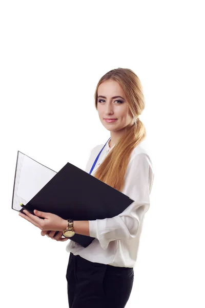 Portrait de jeune femme d'affaires souriante heureuse avec dossier noir — Photo